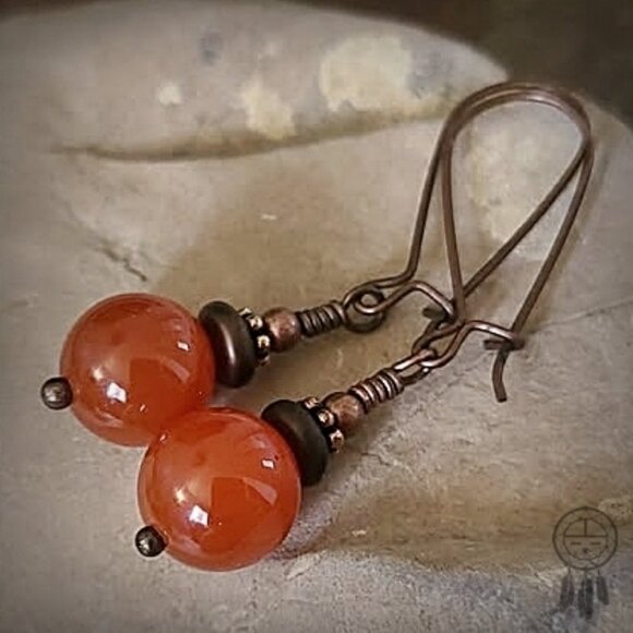 Carnelian Earrings Antiqued Copper Hooks - Picture 4 of 8